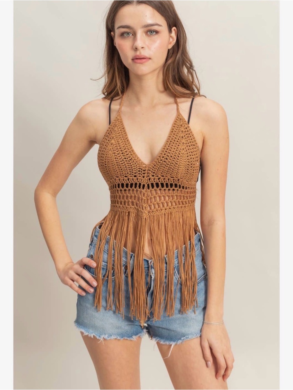 HYFVE Camel Brown Crochet Fringe Halter Top Boho Festival Beach Cover Up NEW - Picture 2 of 6